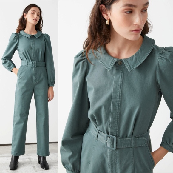 & Other Stories Pants - & Other Stories Green Belted Long-Sleeve Cotton Jumpsuit